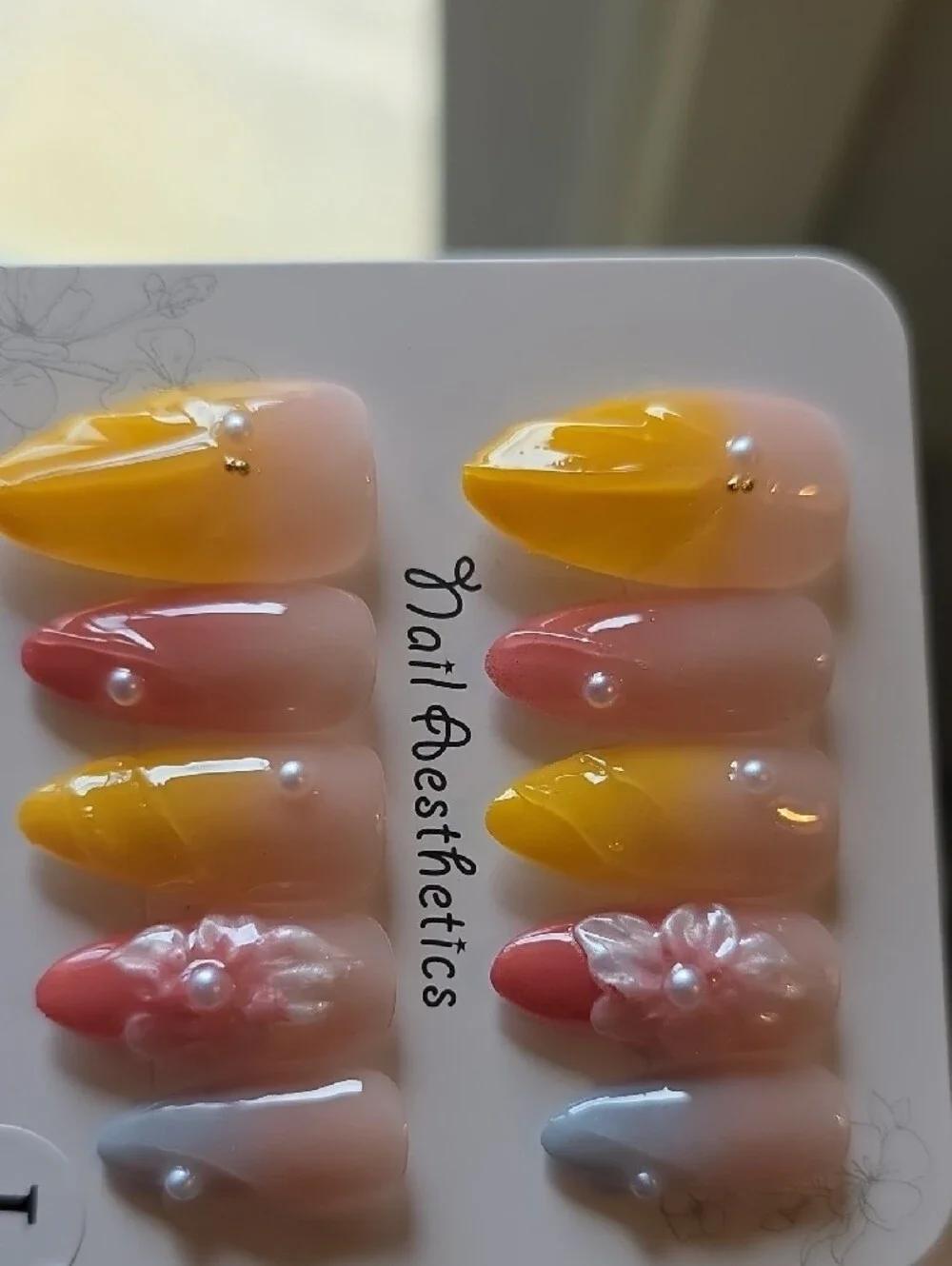 Yellow Pink Ombre Press-On Nail Set with 3D Floral Accents Size Large
